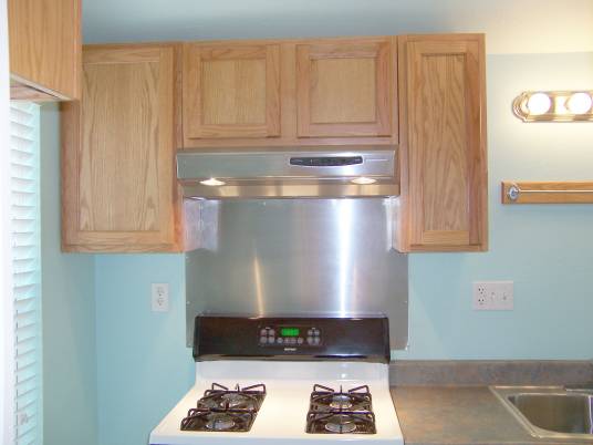 Stainless steel backsplash behind stove is easy to clean. No peeling paint or need for Kilz.