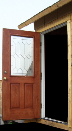 Outswing door from outside, opened